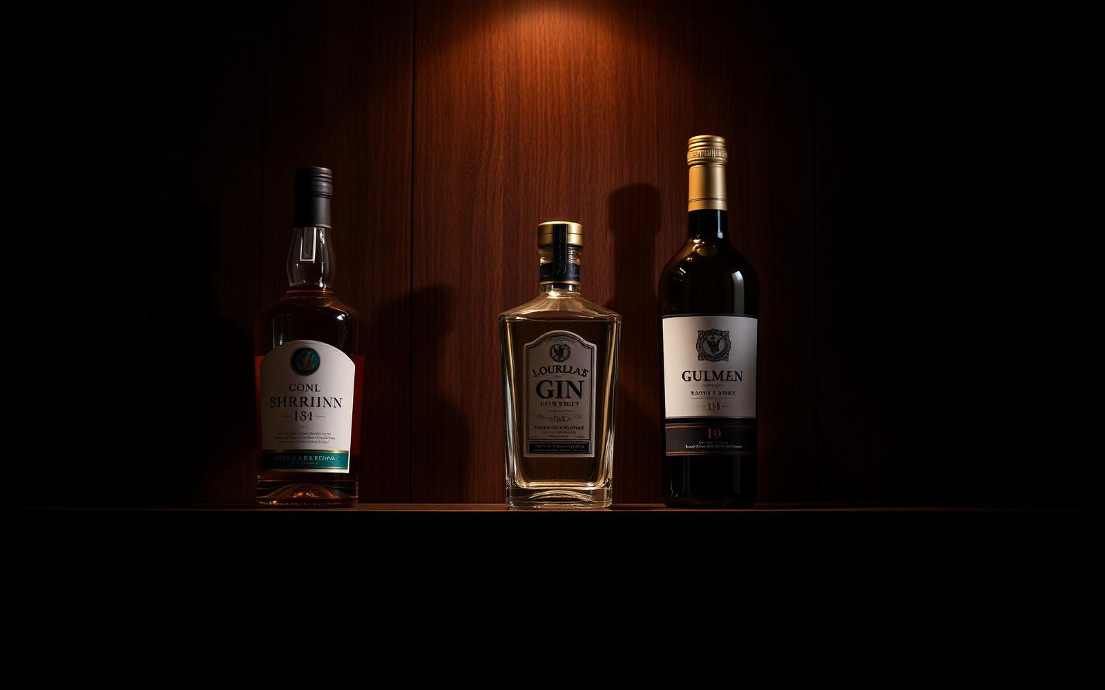 Three premium liquor bottles on a dark walnut shelf