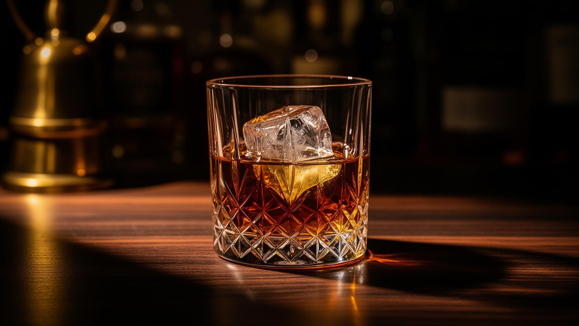 A crystal tumbler of single malt whisky on a dark walnut bar